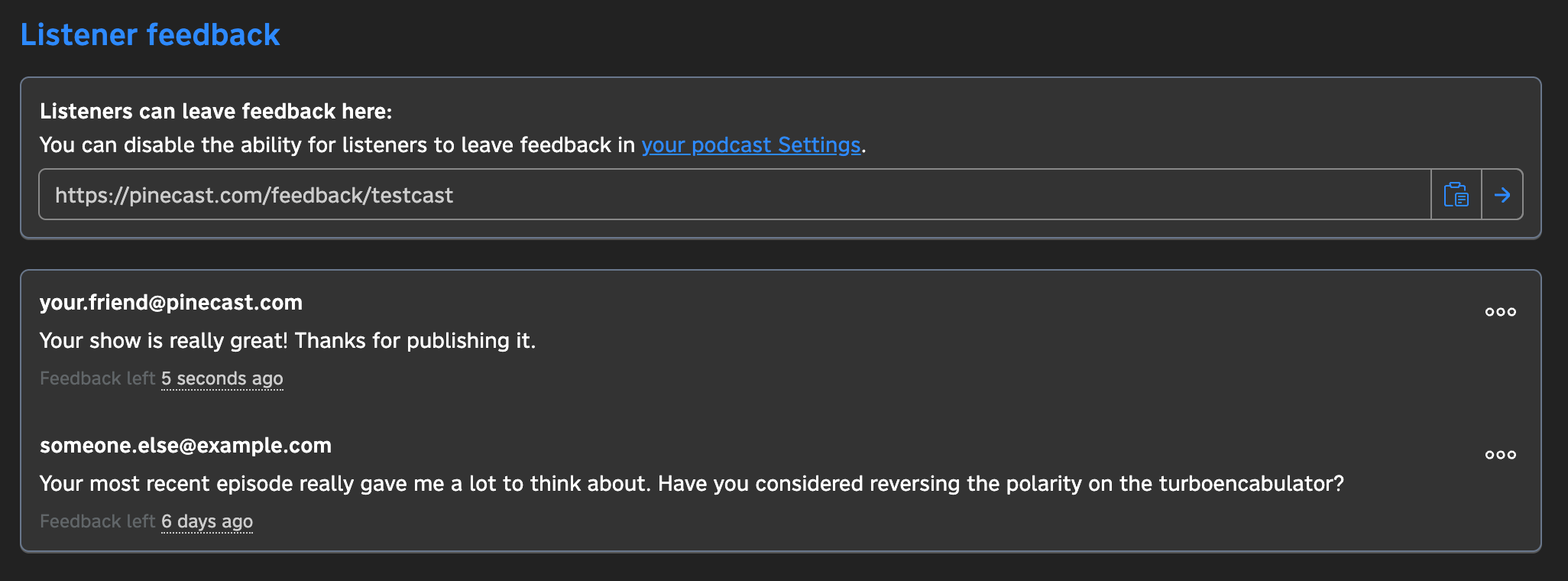 A screenshot of the podcast dashboard showing submitted feedback