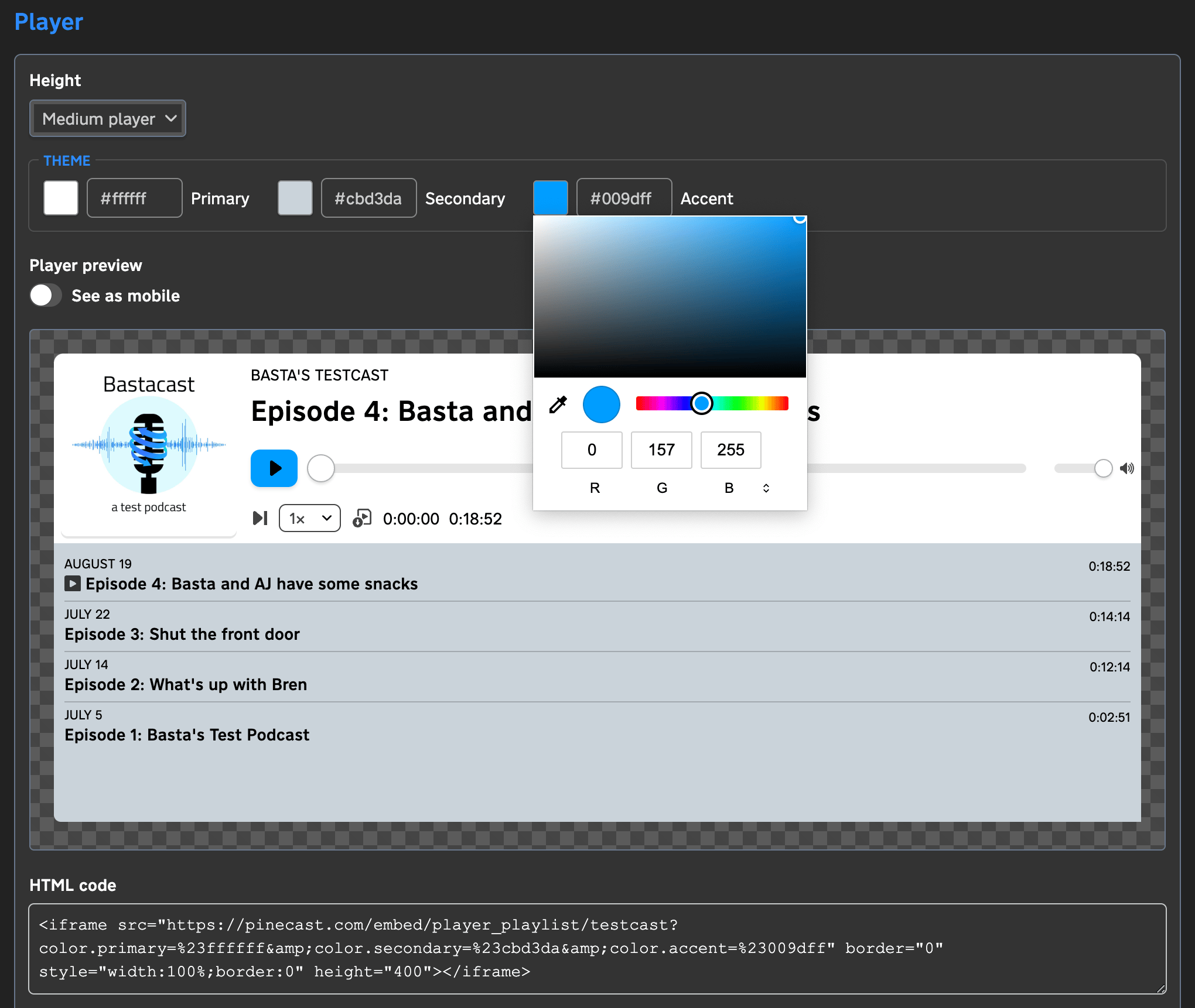 A screenshot of the podcast dashboard showing host to customize a podcast player
