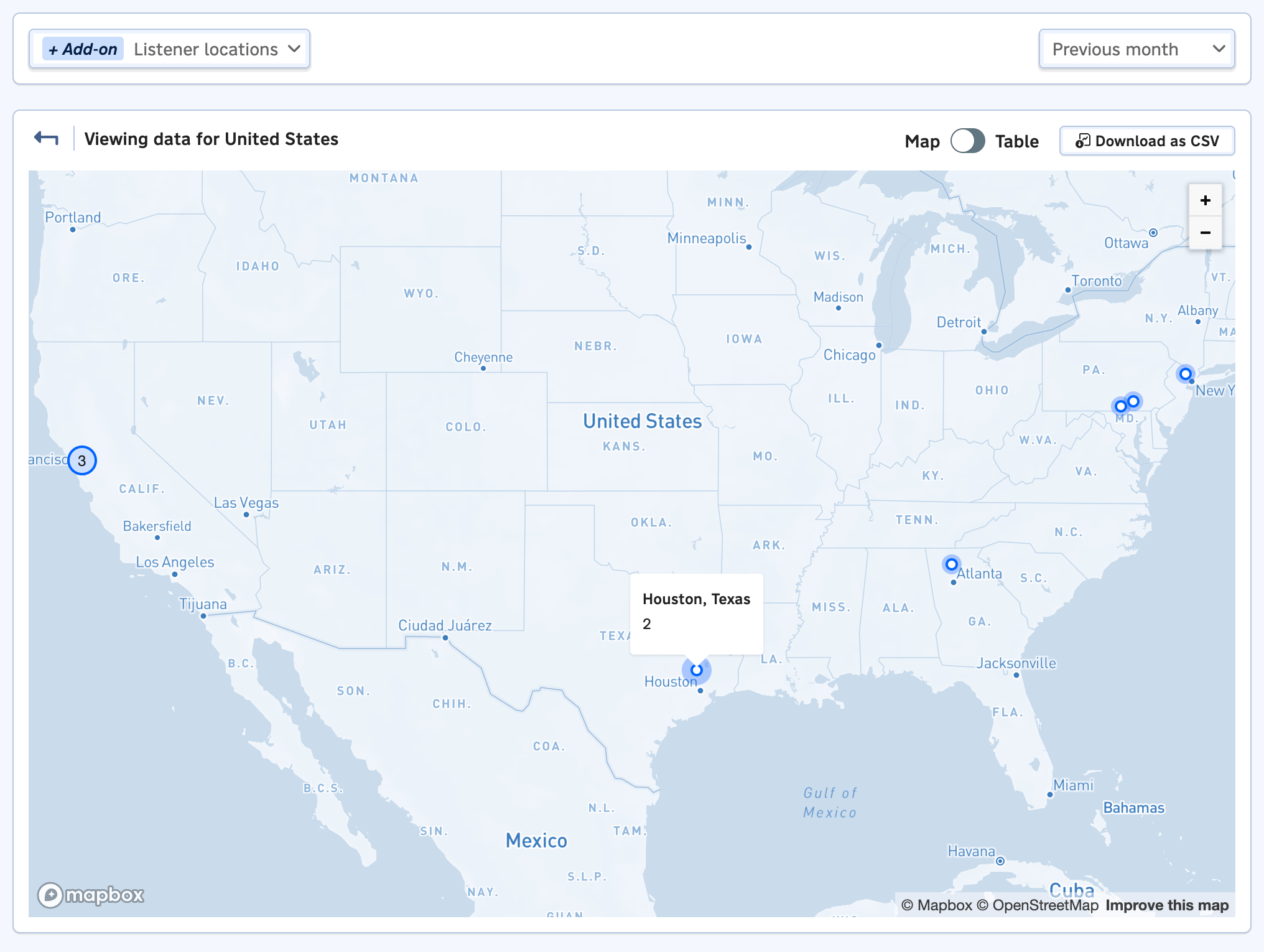 A screenshot showing listener locations in the analytics tab