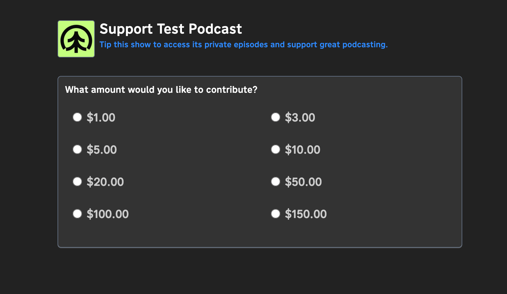 A screenshot of the tip jar for a podcast